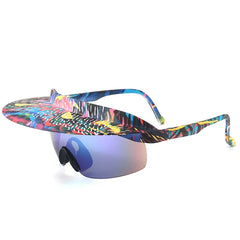 Colorful sunglasses with an attached wide, flat brim featuring a vibrant, multicolored abstract pattern; the blue-tinted mirrored lenses offer UV400 protection for stylish, reliable sun defense.