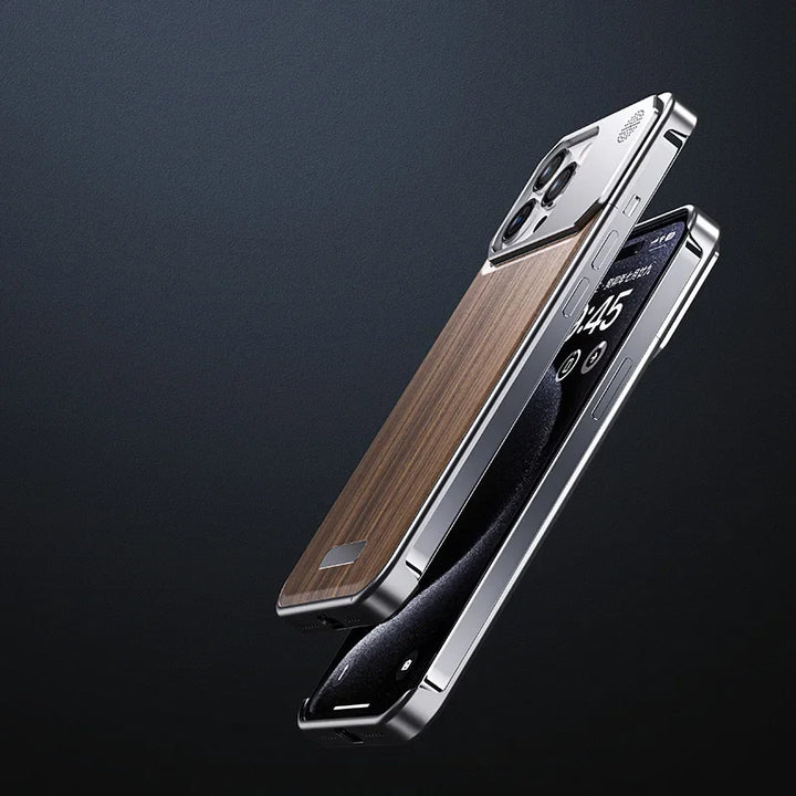 Two modern smartphones, one featuring a stylish wood phone case with a metallic frame, and the other with a black screen and silver edges, are angled against a dark gradient background.