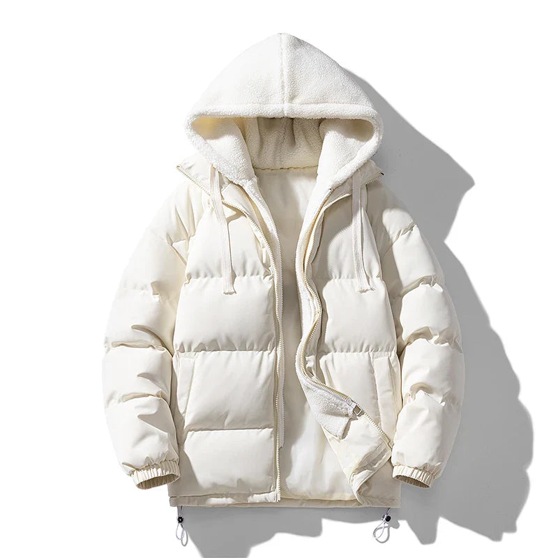 A white hooded puffer jacket with a fleece-lined interior, premium insulation, front zipper, adjustable drawstring hood and hem, and two side pockets, displayed against a plain white background.