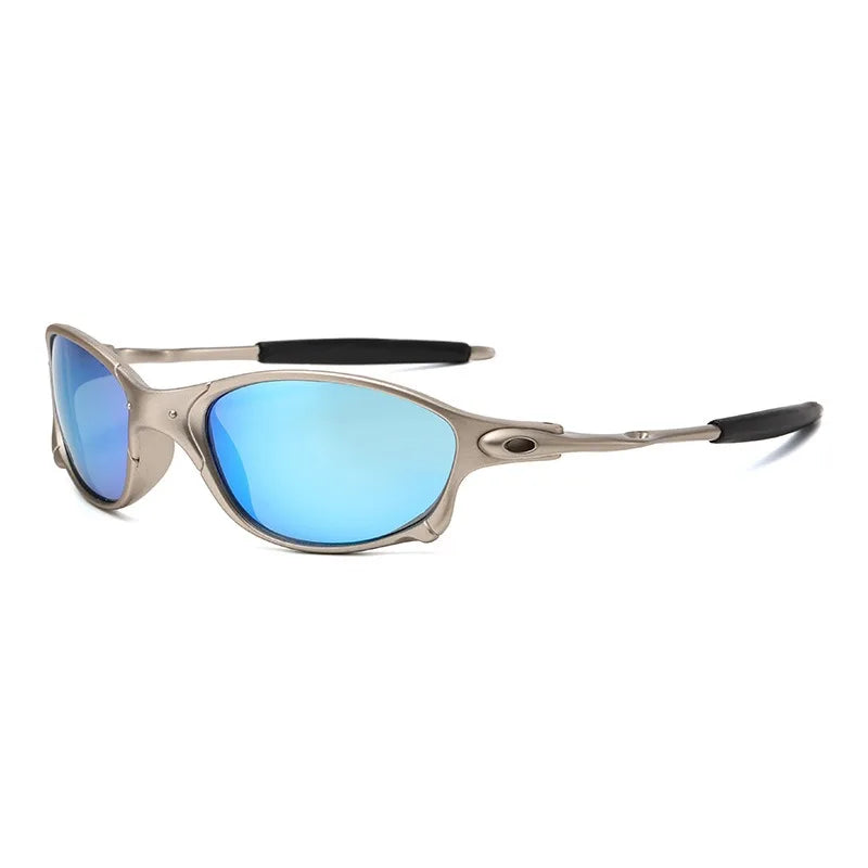 Sporty cycling sunglasses featuring a metallic silver rectangular frame, blue mirrored lenses with UV400 protection, and black-tipped arms, shown against a plain white background.