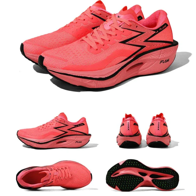Bright pink running shoes with black accents shown from multiple angles: side, top, back, bottom, and a three-quarter view. The ultra-lightweight design features a thick shock-absorbing sole and a sleek, sporty look.