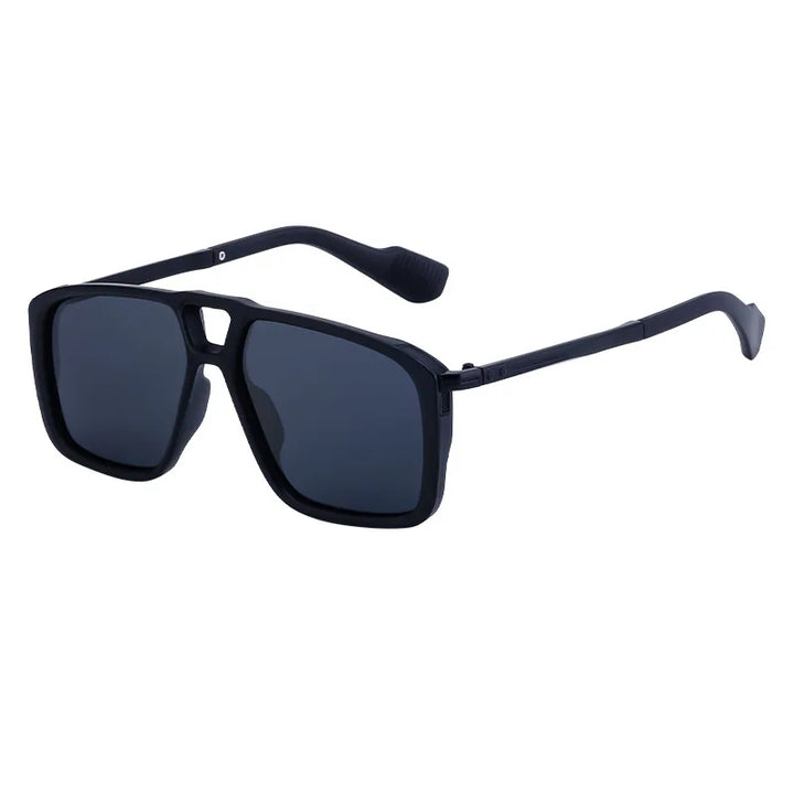 A pair of black rectangular polarized sunglasses with dark lenses and a thick frame, shown at a slight angle on a white background—perfect for UV protection.