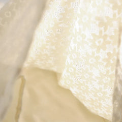 Close-up of an ivory lace blouse featuring a delicate floral lace pattern, softly draped and illuminated by gentle light, highlighting the intricate texture and details.