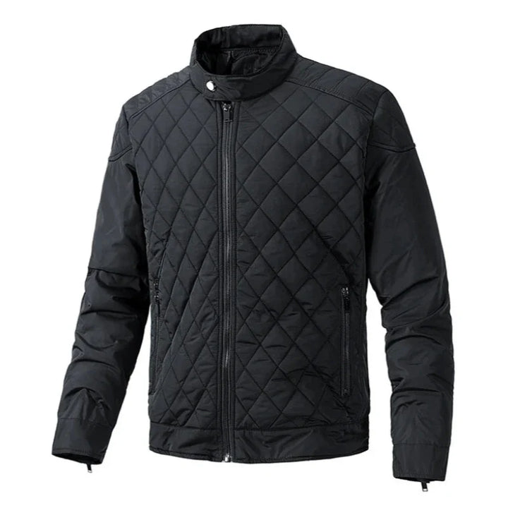 A black slim-fit quilted jacket with cotton insulation, featuring a front zipper, two zippered side pockets, long sleeves, and a stand-up collar, displayed on a plain white background.