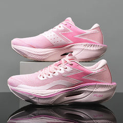 A pair of pink athletic running shoes with white soles and light pink laces, displayed against a gray background. The ultra-lightweight shoes feature gradient pink detailing, aerodynamic design lines, and a shock-absorbing sole for added comfort.