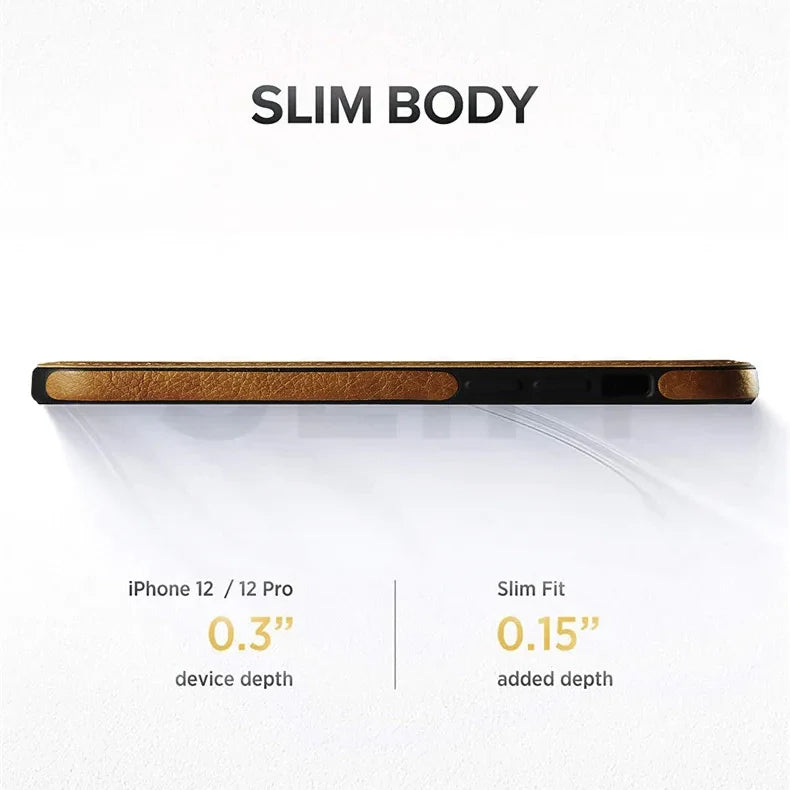 A side view of an iPhone 12/12 Pro with a slim protective case in brown, showing a total thickness of 0.45 inches; 0.3 device depth and 0.15 from the case. Text above reads SLIM BODY.