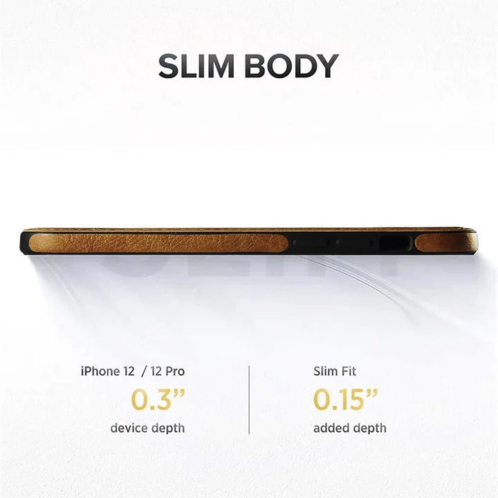 A side view of an iPhone 12/12 Pro with a slim protective case in brown, showing a total thickness of 0.45 inches; 0.3 device depth and 0.15 from the case. Text above reads SLIM BODY.