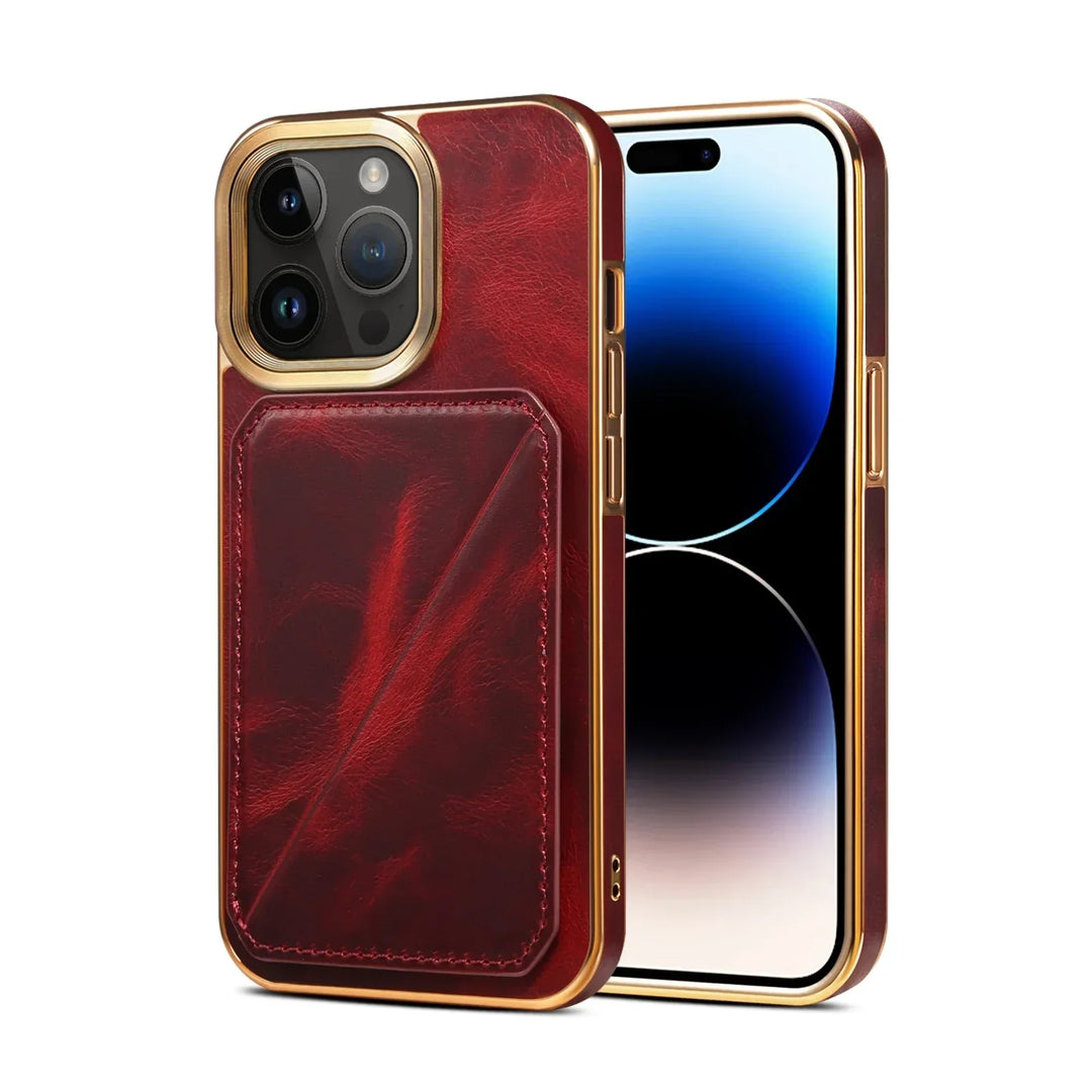 A smartphone with a gold frame, shown front and back. The back features a red leather iPhone case with a stitched card holder pocket, while the front displays the phone’s screen with a minimal blue and black wallpaper.