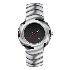 A modern stainless steel watch with a metallic, wavy textured band and a round black dial. Featuring silver hour and minute hands, a red second hand, a small date window at 4 oclock, and is water-resistant for everyday wear.