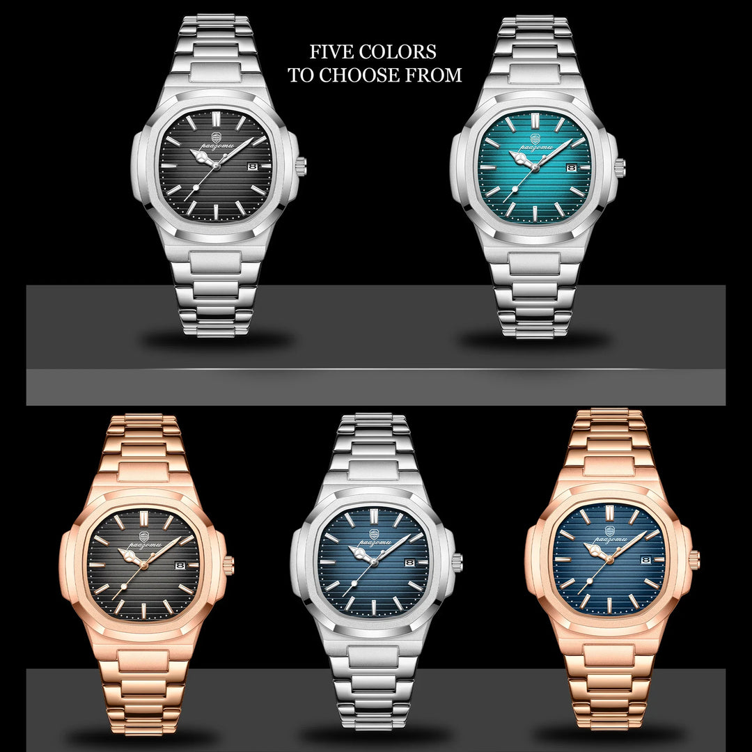 Five wristwatches with stainless steel bands and quartz movement are displayed in two rows, each in a unique color: black, teal, dark gray, rose gold with black, and rose gold with blue. Text above says, FIVE COLORS TO CHOOSE FROM.