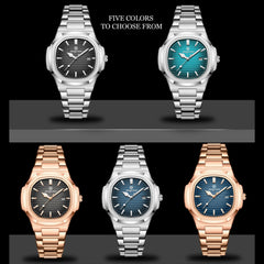 Five wristwatches with stainless steel bands and quartz movement are displayed in two rows, each in a unique color: black, teal, dark gray, rose gold with black, and rose gold with blue. Text above says, FIVE COLORS TO CHOOSE FROM.
