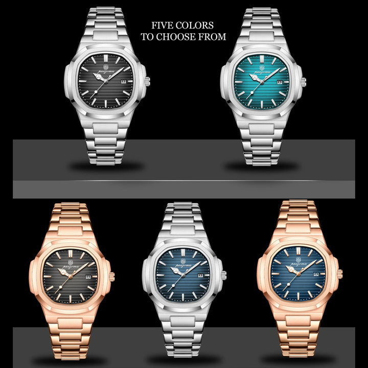 Five wristwatches with stainless steel bands and quartz movement are displayed in two rows, each in a unique color: black, teal, dark gray, rose gold with black, and rose gold with blue. Text above says, FIVE COLORS TO CHOOSE FROM.