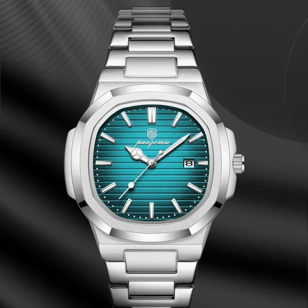 A waterproof stainless steel wristwatch with a teal-blue textured dial, silver hour markers and hands, a date window at 3 o’clock, and a link bracelet, displayed against a dark, wavy background.