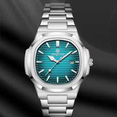 A waterproof stainless steel wristwatch with a teal-blue textured dial, silver hour markers and hands, a date window at 3 o’clock, and a link bracelet, displayed against a dark, wavy background.