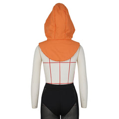 A mannequin wearing a sleeveless, white and red grid-patterned top, black sheer high-waisted shorts, and an oversized lightweight hooded design in orange, photographed from the back.