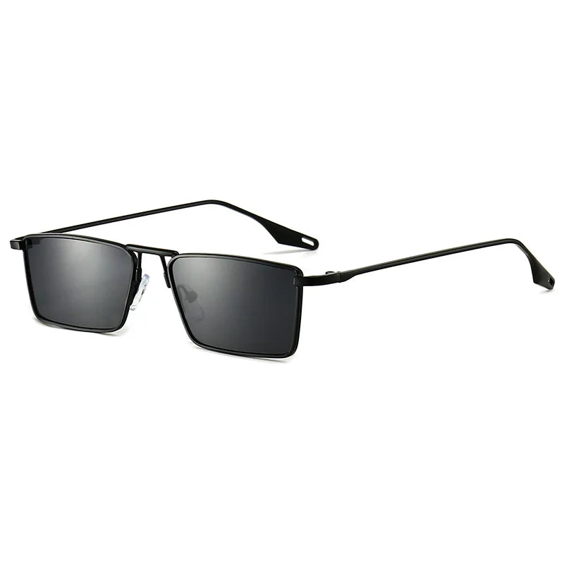 A pair of Avalon Sunglasses with black rectangular lenses and thin gold frames, shown at an angle on a white background.