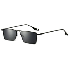 A pair of Avalon Sunglasses with black rectangular lenses and thin gold frames, shown at an angle on a white background.