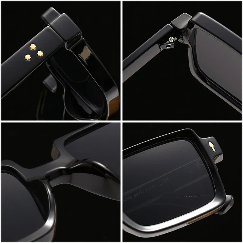 Collage of four close-up shots showing details of black rectangular retro sunglasses, featuring gold accents on the arms and frame corners, and highlighting the hinge and lens with UV400 protection against a black background.