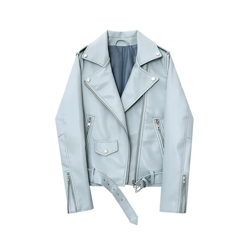 Light blue faux leather biker jacket with silver zippers, snap buttons, a notched lapel, adjustable waist belt, and zipper pockets, laid flat on a white background.