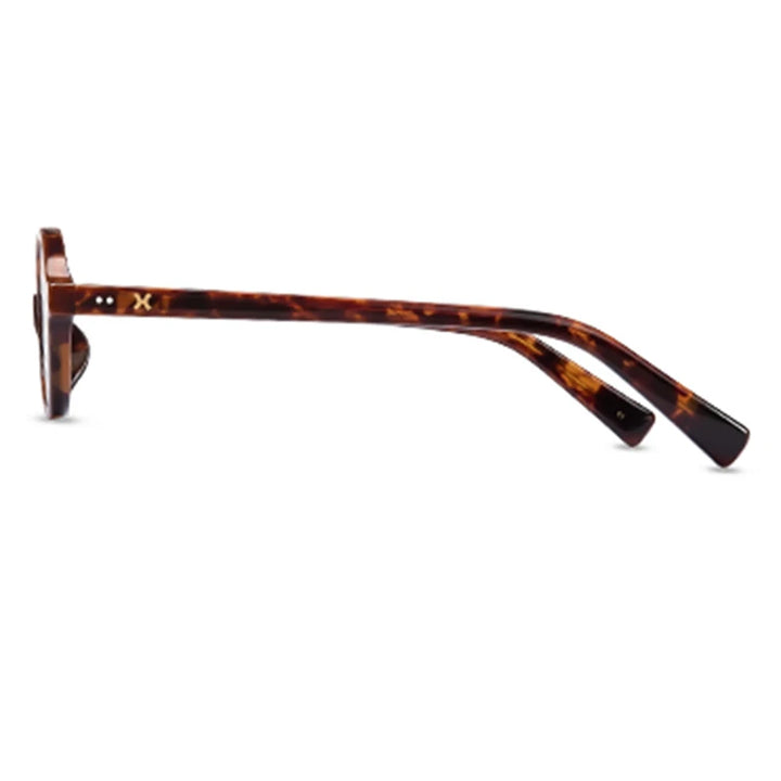 Side view of tortoiseshell eyeglass frames with straight temples, crafted from lightweight acetate and featuring a subtle X-shaped detail near the hinge on both the temple and the arm tip.