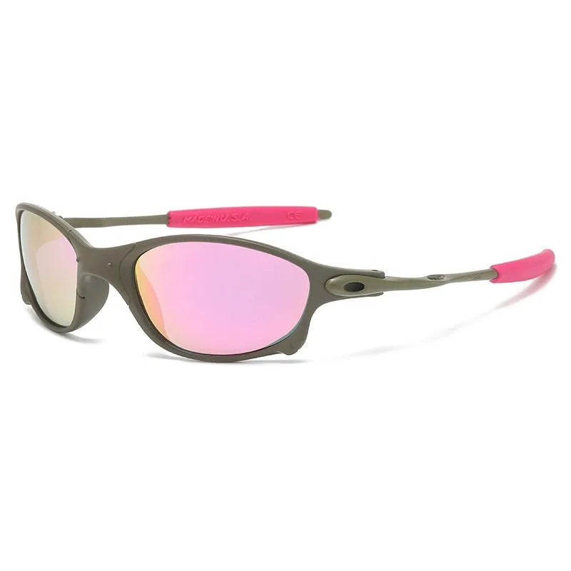 Olive green cycling sunglasses with a rectangular frame, pink mirrored lenses, and pink rubberized temple tips offer UV400 protection, displayed on a white background.