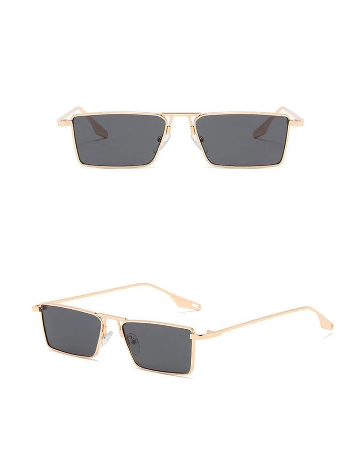 Two views of Avalon Sunglasses with gold frames and rectangular lenses against a white background; one shows a front-facing angle, while the other displays a side perspective.