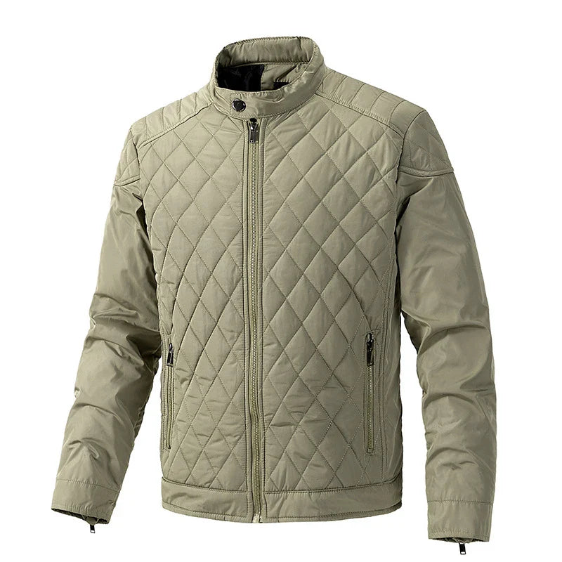 Light olive green slim-fit jacket with cotton insulation, featuring a front zipper, high collar, two zippered side pockets, and a diamond pattern stitched design on the front and sleeves.