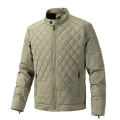 Light olive green slim-fit jacket with cotton insulation, featuring a front zipper, high collar, two zippered side pockets, and a diamond pattern stitched design on the front and sleeves.