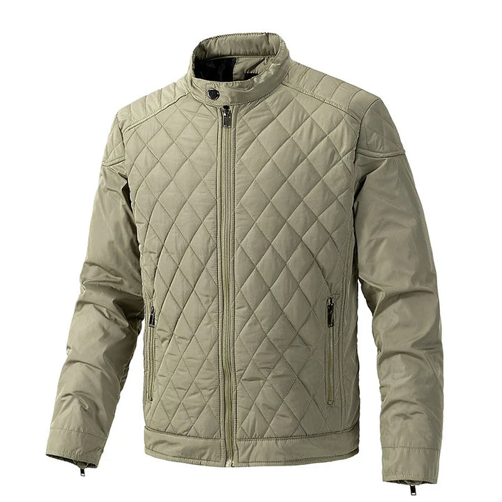 Light olive green slim-fit jacket with cotton insulation, featuring a front zipper, high collar, two zippered side pockets, and a diamond pattern stitched design on the front and sleeves.