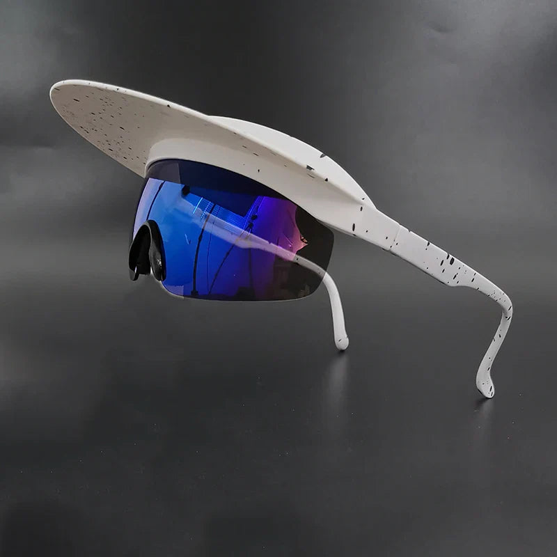 A pair of futuristic sunglasses with a built-in white visor, purple-tinted polarized lenses offering UV400 protection, and black speckles on the frame, displayed against a dark background.