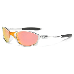 A pair of sporty cycling sunglasses with a shiny silver rectangular frame and orange-red mirrored lenses, featuring UV400 protection, black rubber padding on the arms, and an Oakley logo on the side.