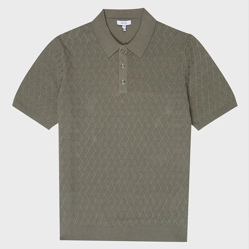 A khaki short-sleeve knit classic polo shirt with a diamond textured pattern, ribbed collar, three buttons, and ribbed cuffs and hem, laid flat on a white background.