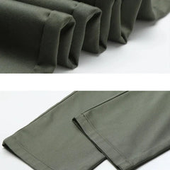 Close-up images of the hems of olive green pants, showing neat stitching and smooth fabric texture. Featuring a tailored fit, the top displays folded pant legs while the bottom shows two laid flat side by side.