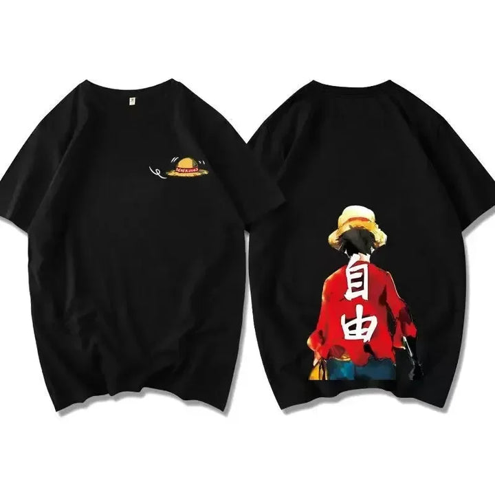 Two black crew neck t-shirts: the front features a small straw hat graphic art on the left chest, while the back displays a character in a straw hat and red shirt with bold white kanji characters. Cotton knit for comfort.