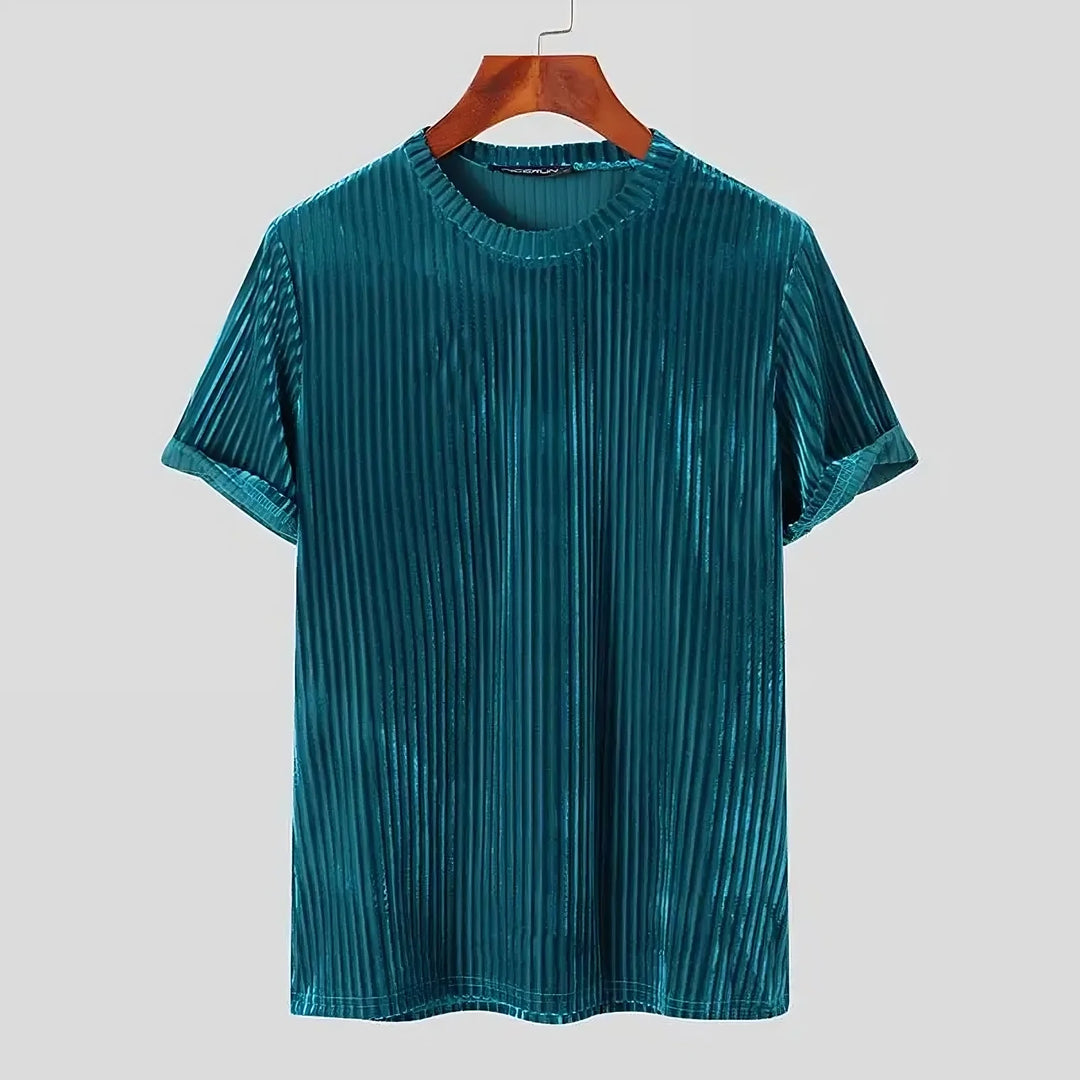 A teal short-sleeve stripe corduroy tee with vertical ribbed texture and classic fit hangs on a wooden hanger against a plain light gray background.