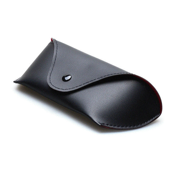 A black, textured vegan leather sunglasses case with a flap and snap button closure offers a protective solution for your eyewear, displayed on a white background.