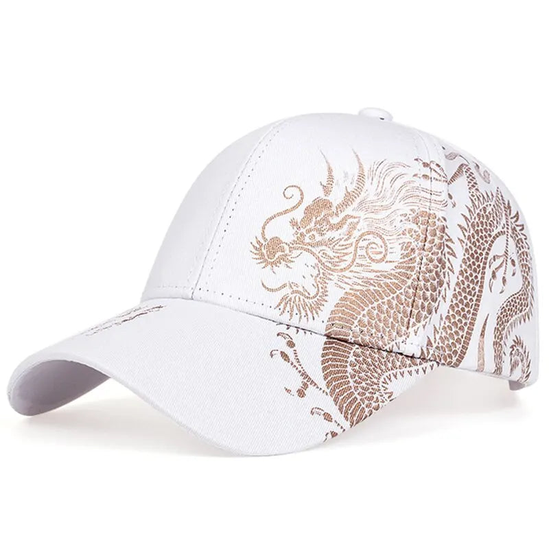 A white embroidered cap featuring an intricate gold dragon design on the front and side panels, perfect for showcasing cultural pride.