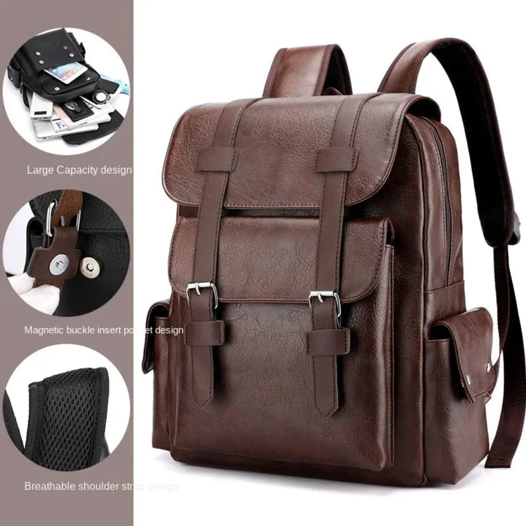 A brown leather backpack with spacious compartments, buckle straps, side pockets, and padded shoulder straps. Inset images highlight its large capacity, magnetic buckle pocket, and breathable shoulder strap design.