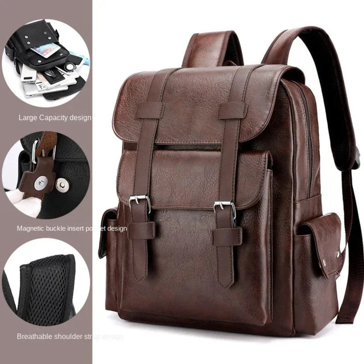 A brown leather backpack with spacious compartments, buckle straps, side pockets, and padded shoulder straps. Inset images highlight its large capacity, magnetic buckle pocket, and breathable shoulder strap design.