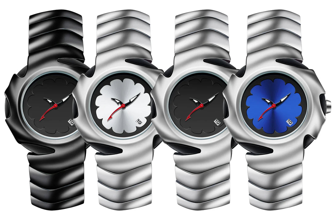 Four stainless steel watches with wavy-patterned bands are displayed. The scratch-resistant watch faces feature a petal-shaped design in black, white, and blue, with red second hands and small date windows.