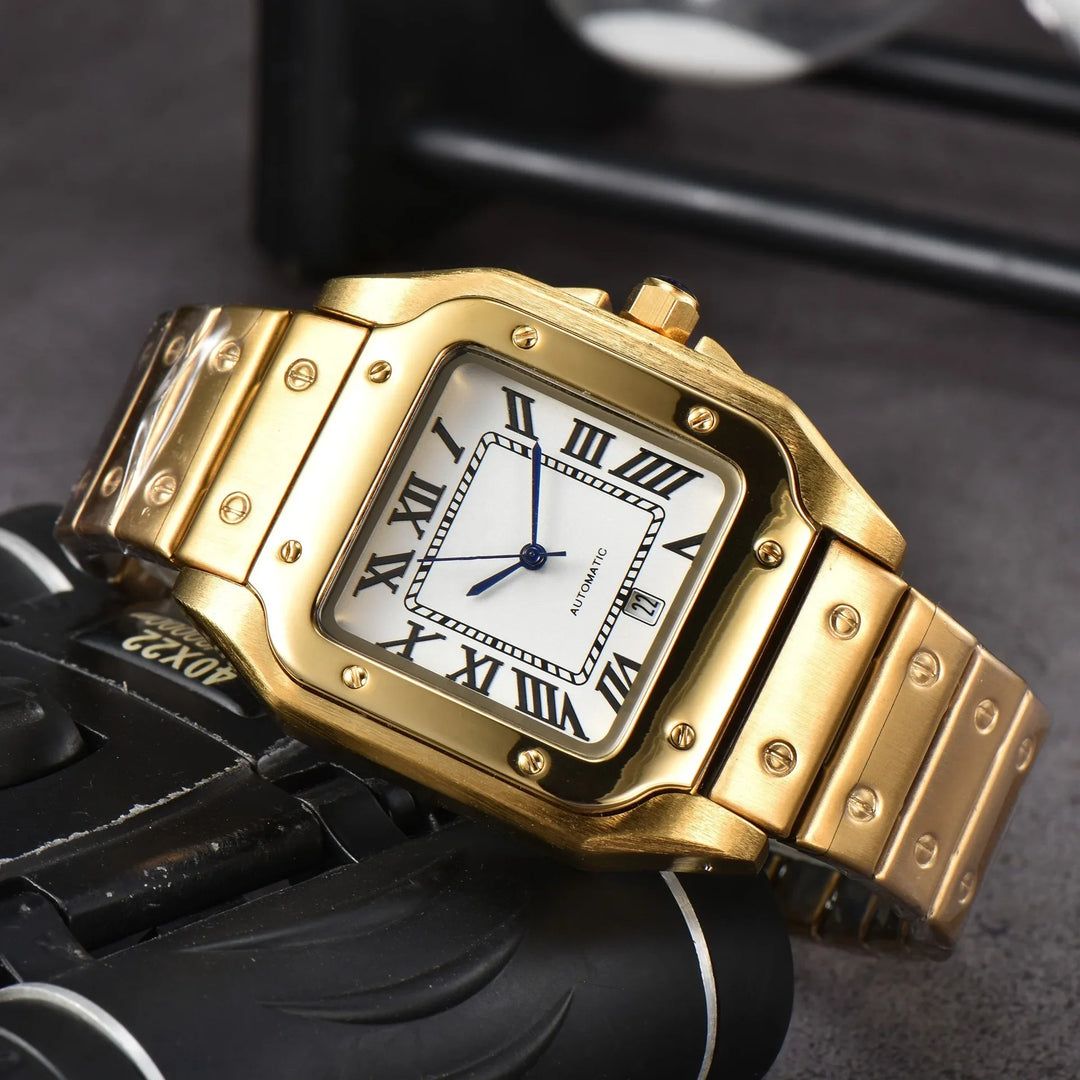 A gold wristwatch with a square white face, Roman numerals, blue hands, and a metal band with screw details features Swiss Craftsmanship and is displayed on a black surface.
