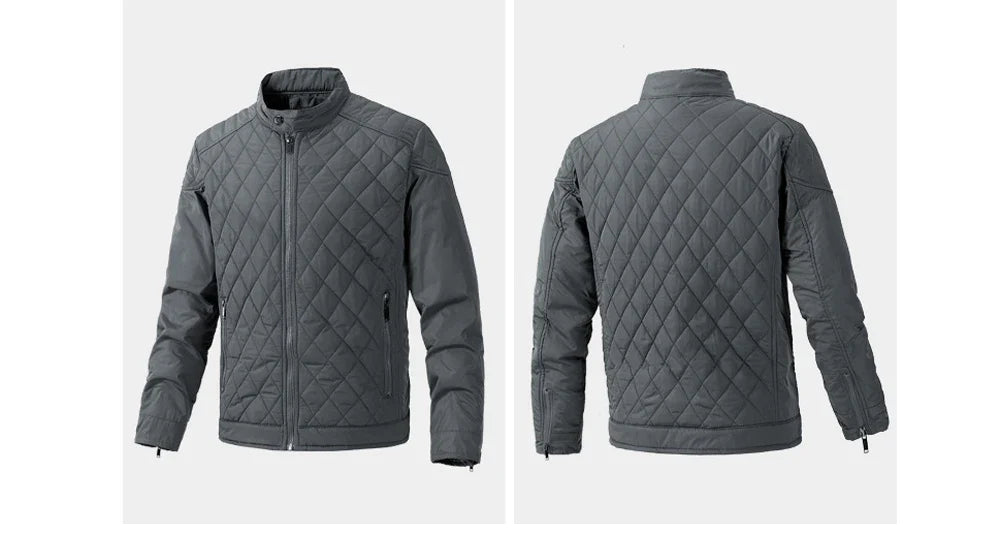 A gray, quilted slim-fit jacket is shown from both the front and back. Featuring wind-resistant fabric, a zip-up closure, side pockets with zippers, and a stand collar, it showcases a diamond-patterned stitch design throughout.