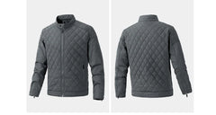 A gray, quilted slim-fit jacket is shown from both the front and back. Featuring wind-resistant fabric, a zip-up closure, side pockets with zippers, and a stand collar, it showcases a diamond-patterned stitch design throughout.