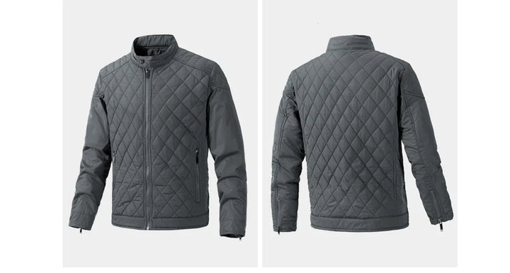 A gray, quilted slim-fit jacket is shown from both the front and back. Featuring wind-resistant fabric, a zip-up closure, side pockets with zippers, and a stand collar, it showcases a diamond-patterned stitch design throughout.