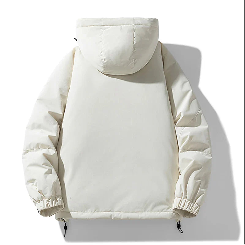 A plain white insulated hooded winter jacket is displayed facing backward on a white background. The jacket has long sleeves with elastic cuffs, a drawstring at the hem, and offers reliable windproof protection.