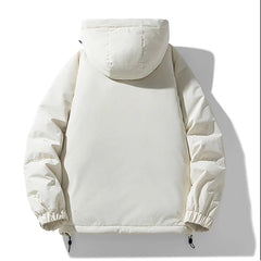 A plain white insulated hooded winter jacket is displayed facing backward on a white background. The jacket has long sleeves with elastic cuffs, a drawstring at the hem, and offers reliable windproof protection.