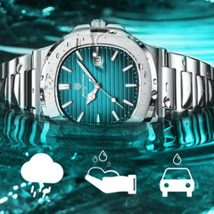 A stainless steel wristwatch with a teal face and water droplets is displayed above rippling water. Icons of a cloud, hand with raindrops, and car below highlight its quartz movement and waterproof design.