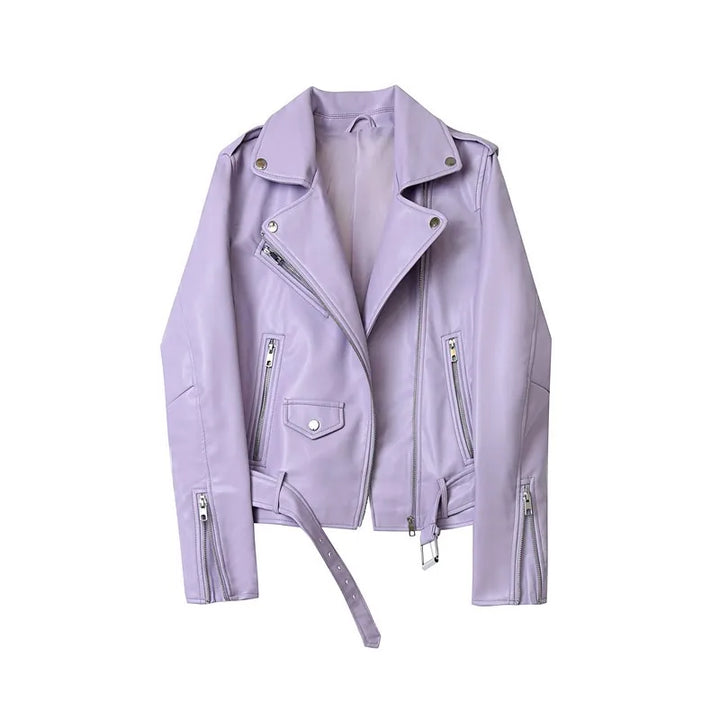A light purple faux leather biker jacket with silver zippers, snap buttons, and an adjustable waist belt with zipper pockets, displayed against a plain white background.