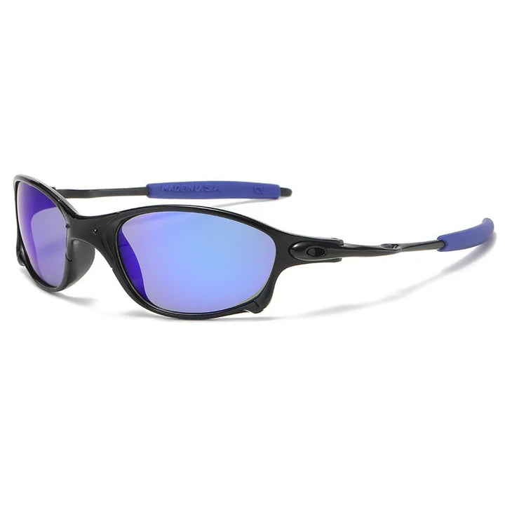 Black cycling sunglasses with a sleek, wraparound rectangular frame and reflective blue lenses offer UV400 protection. Blue rubber grips on the arms ensure a secure fit. Shown against a white background.