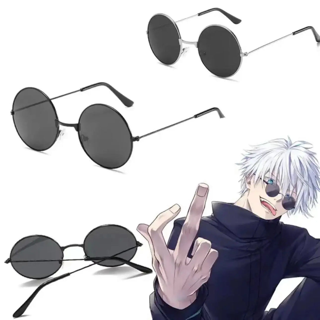Three pairs of round sunglasses are displayed alongside an anime-style character with white hair and minimalist sunglasses, smirking and making a rude gesture with their hand.